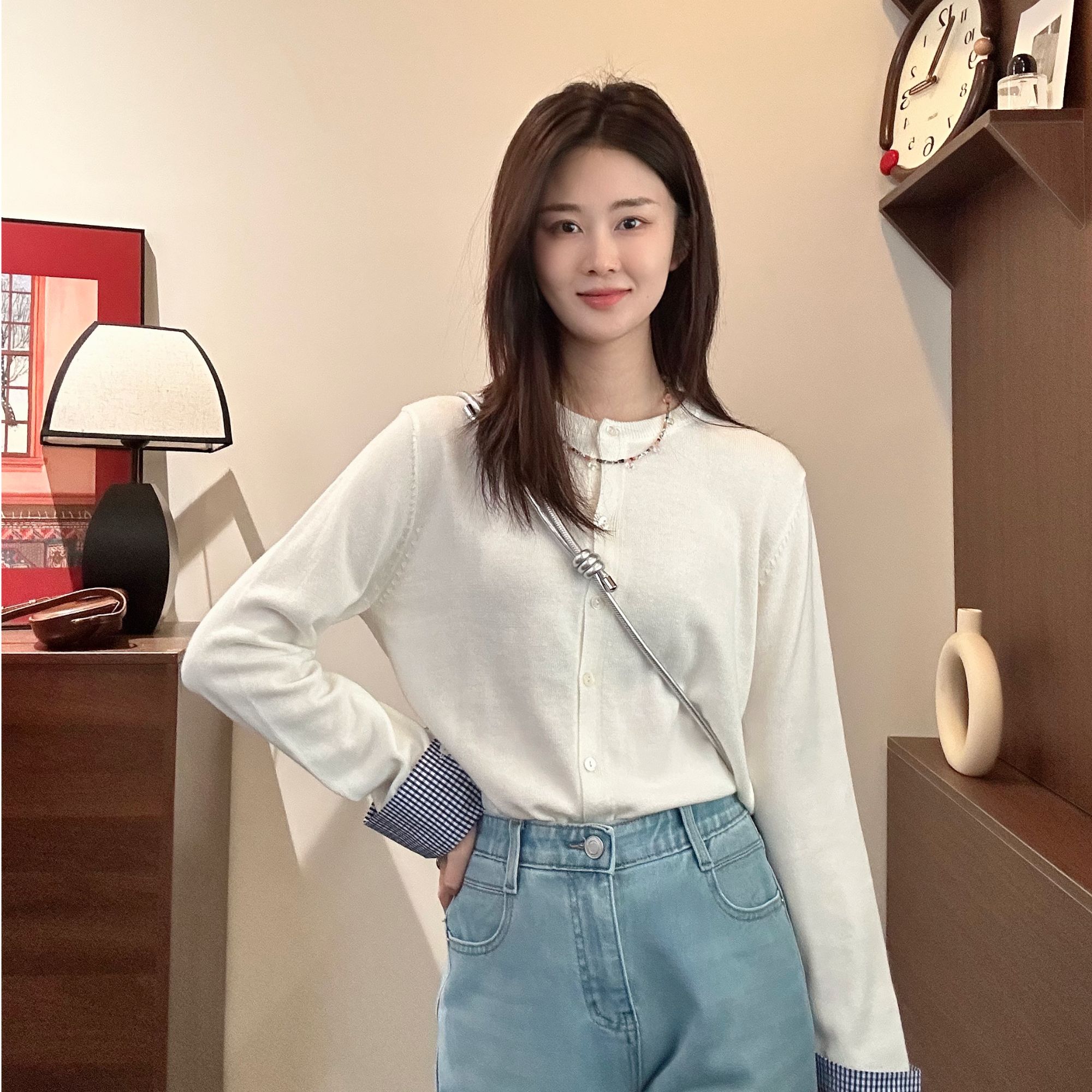 【Niche Young】 千鸟 时尚百搭宽松圆领长袖休闲设计感针织衫Y6040