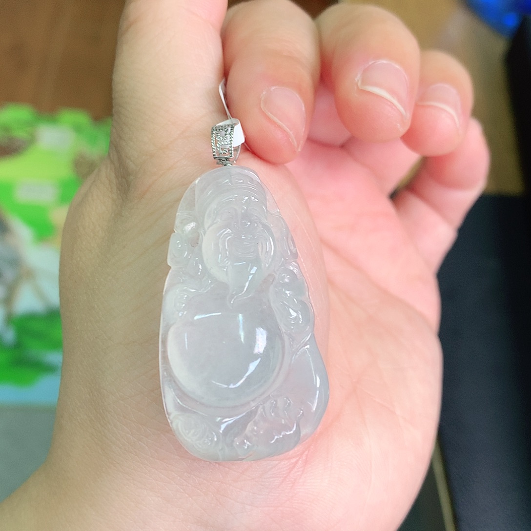 翡翠颈饰18K金镶嵌冰胶大财神爷41*25+5.6