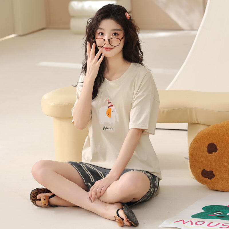卡之恋薄款纯棉女圆领夏季短裤短袖睡衣休闲大码韩版家居服套装