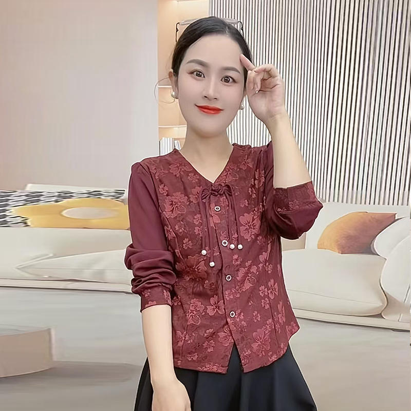 秋季新款中老年女装打底衫洋气修身V领长袖上衣服中国风提花小衫