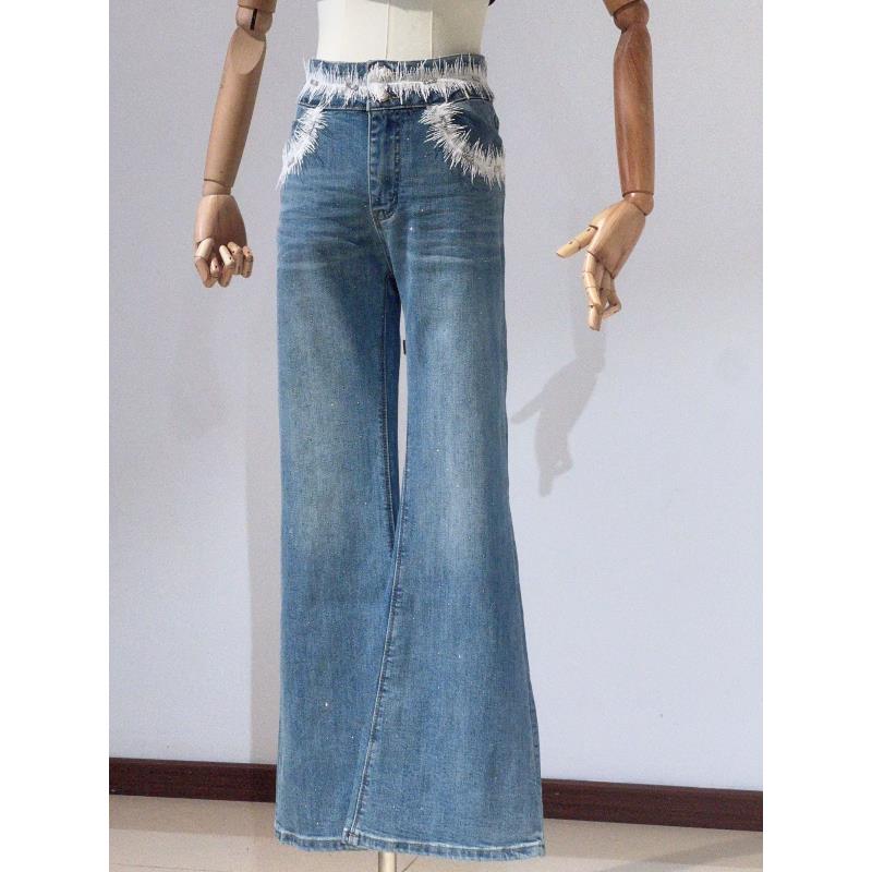 【1121】欧货新款蕾丝腰头设计百搭喇叭高腰爆款修身显瘦微喇牛仔裤