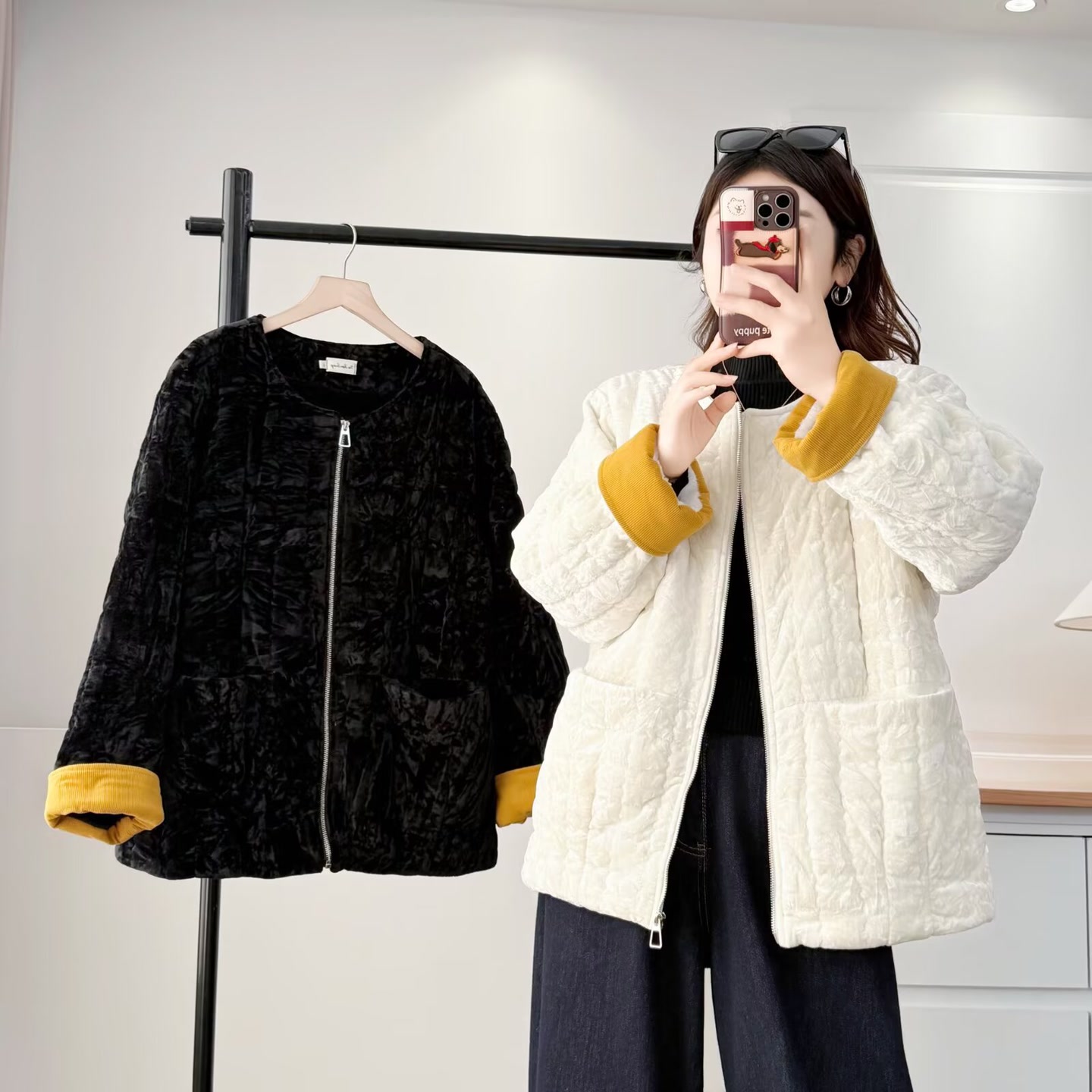 大码胖mm冬季新款洋气百搭丝绒加厚棉服时尚加棉保暖圆领外套555