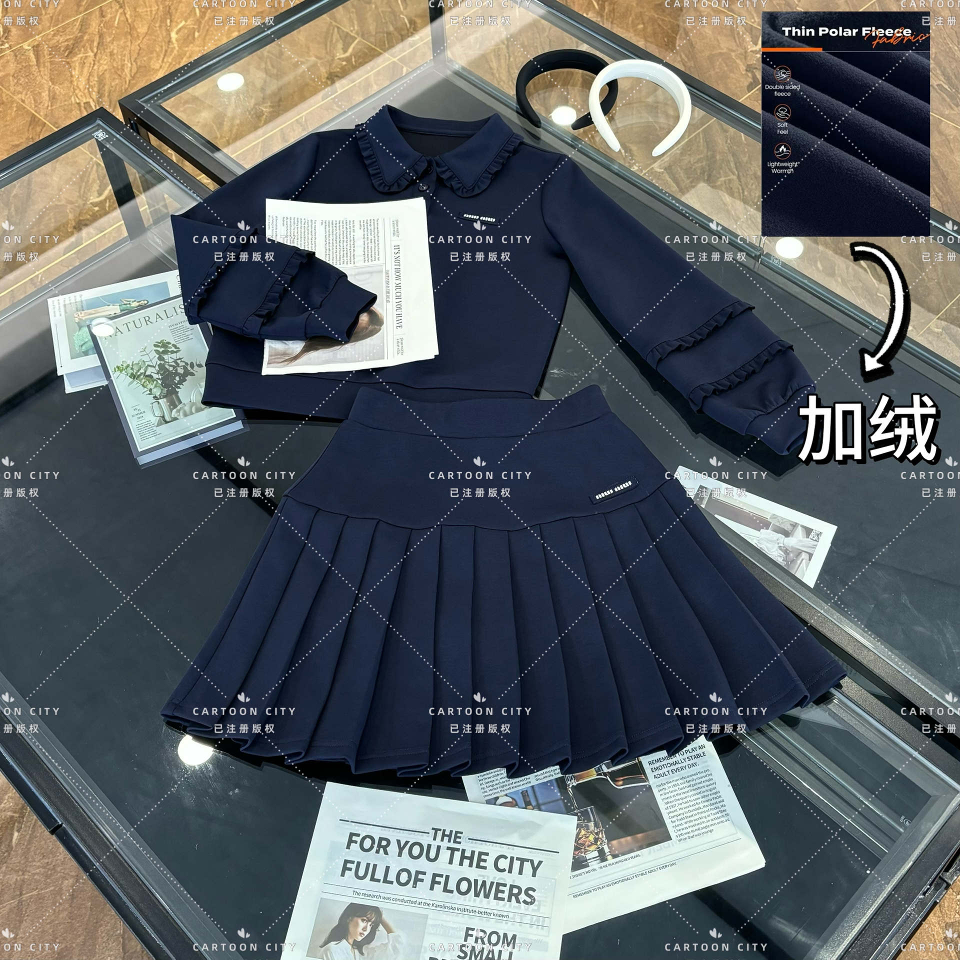 LLVD-B21【加绒】-秋冬新品丨<花瓣领设计>百褶裙重工套装两件套