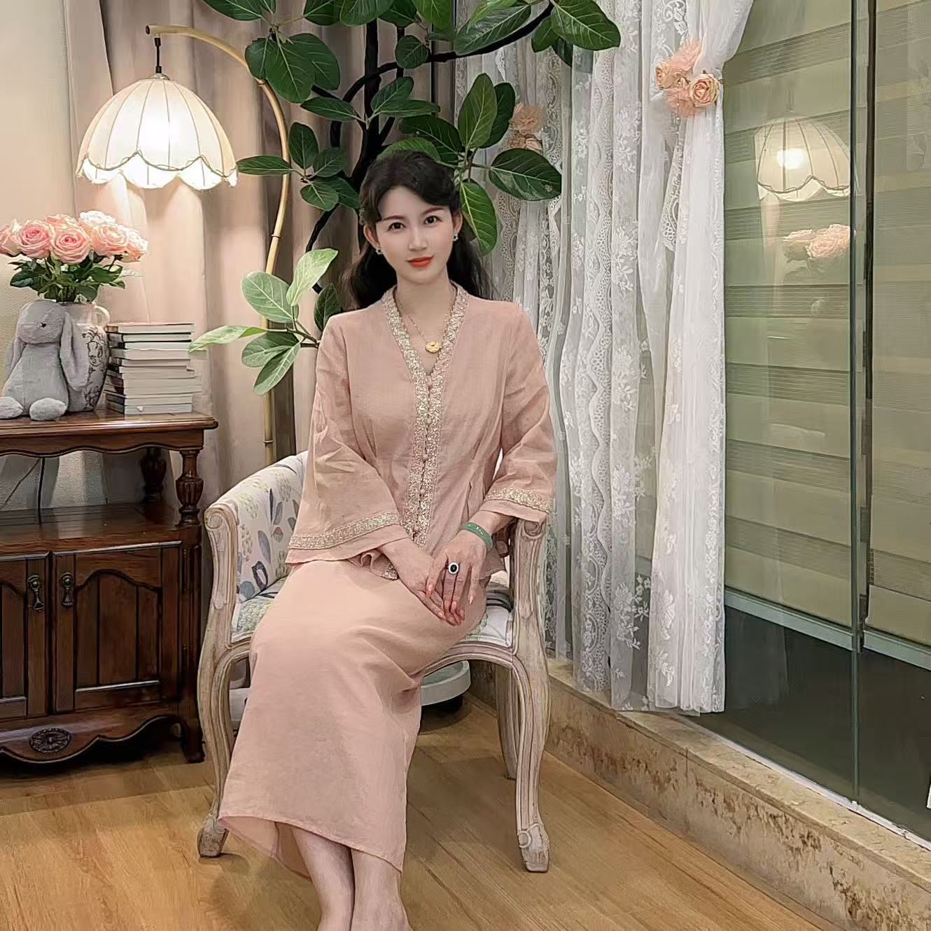【秋意浓】AN221 中式清冷松弛感穿搭贵气国风粉色套装