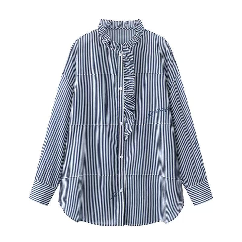 艾诺丝商场同款2025夏季百搭立领长袖条纹衬衫女显瘦宽松上衣1089