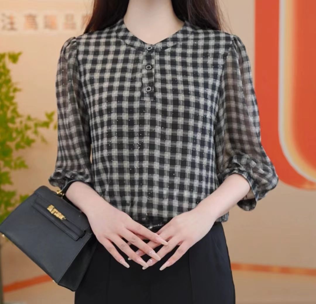 2025洒银工艺时尚套头七分袖夏季女款修身简约衬衫百搭上衣0607
