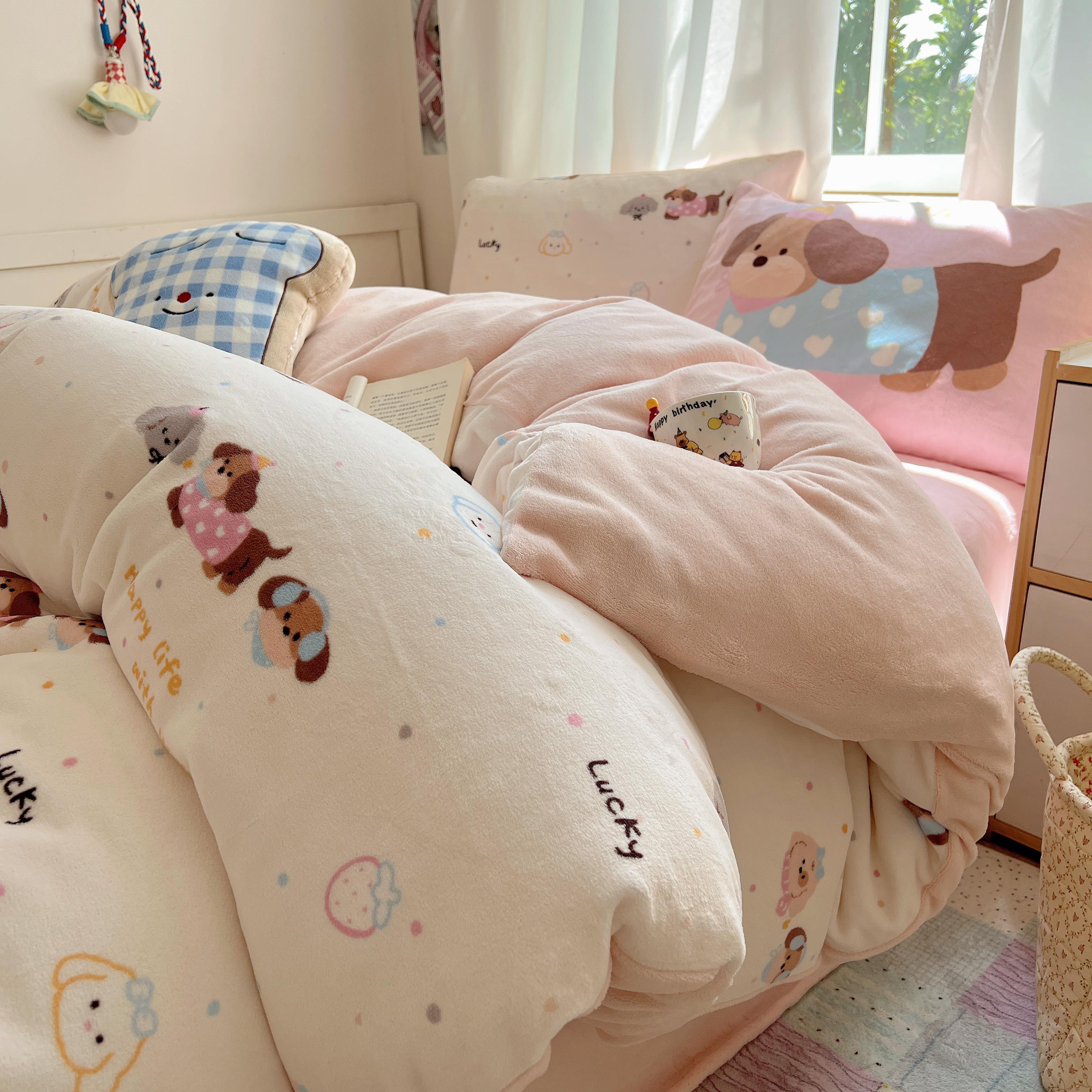 猫咪日记卡通ins风快乐腊肠狗狗牛奶绒保暖四件套被套宿舍三件套