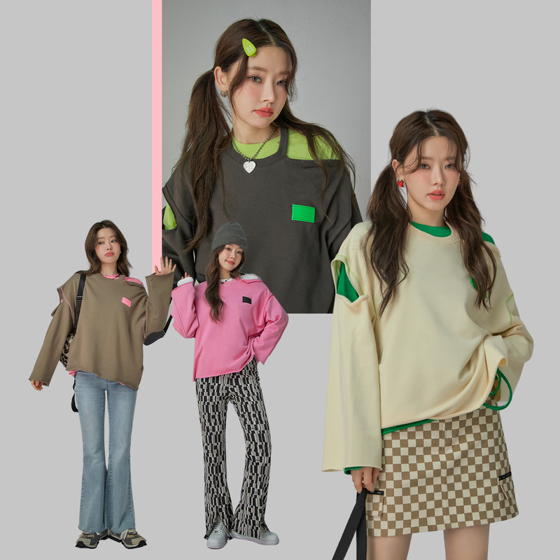 313V【云C专属】CHUU甜辣露肩宽松长袖卫衣韩版镂空上衣-F