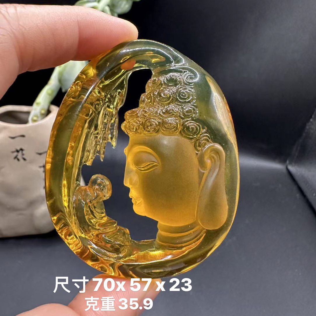 缅甸天然琥珀蓝珀镂空佛头吊坠挂件