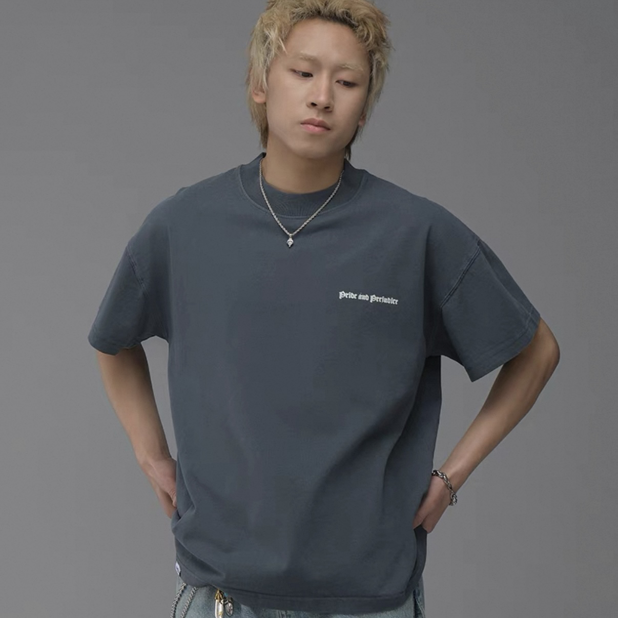 300G重磅简约字母夜光印花圆领短袖T恤77614