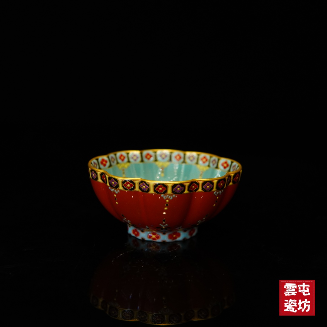 高温颜色釉珐琅彩手工茶杯个人主人杯海棠杯胭脂红手绘陶瓷名窑