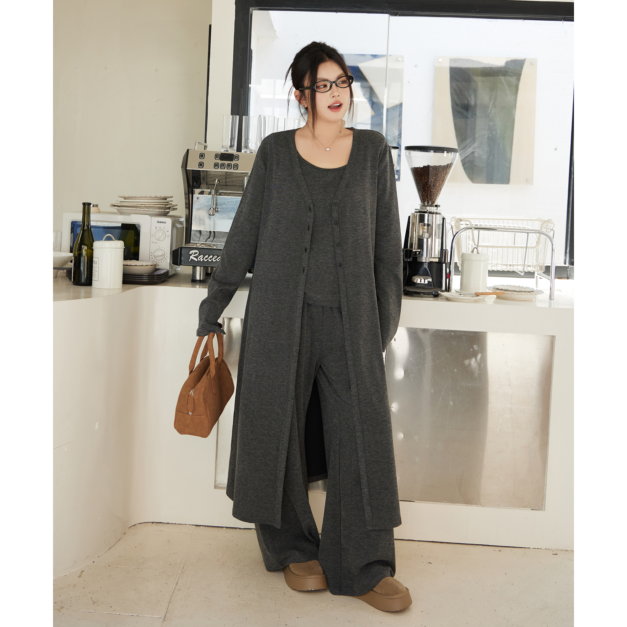 【C】韩版气质慵懒休闲中长款开衫+纯色背心+休闲阔腿裤套装 3690