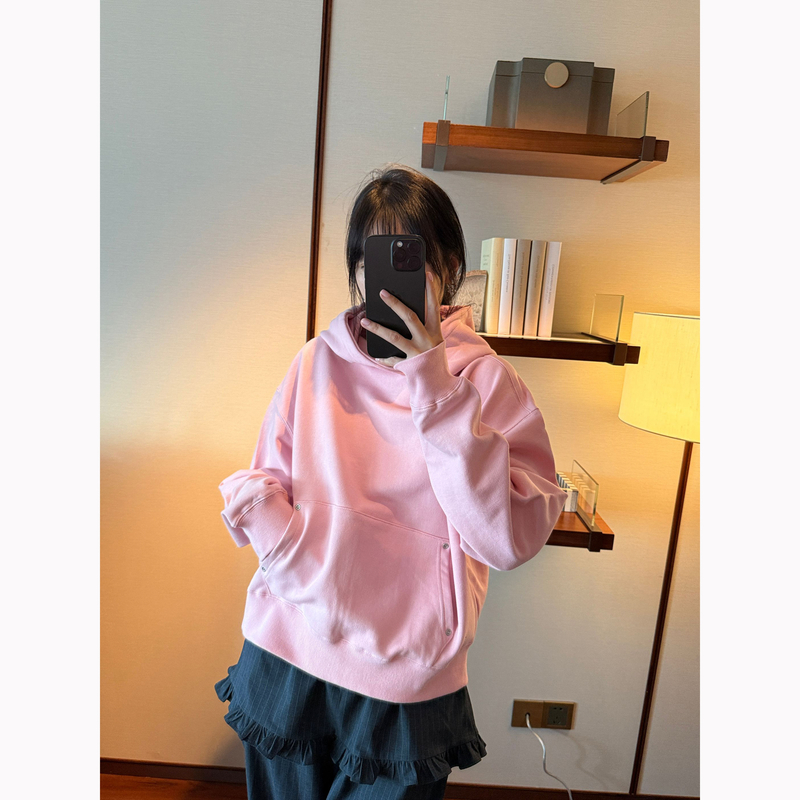【张静芝】粉/蓝 韩系甜美减龄简约连帽大口袋宽松休闲卫衣女
