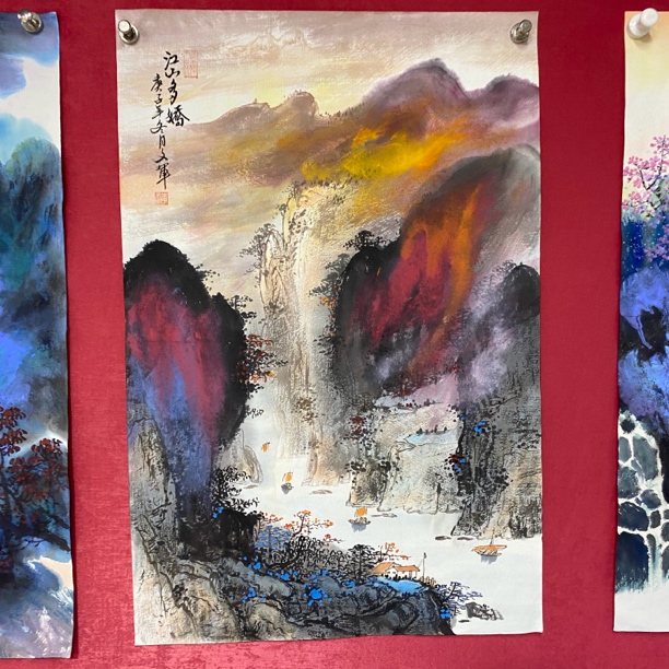 李文军四尺三开山水国画