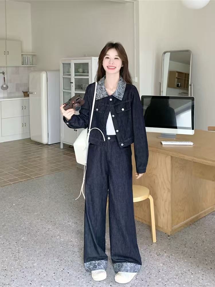复古港风牛仔碎花拼接衬衫阔腿裤套装女秋两件套