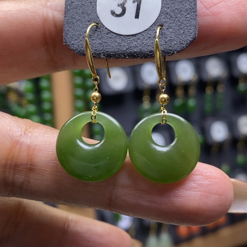 【闪购商品】和田玉耳饰18K金镶嵌15.6x3.6mm平安公主扣耳饰