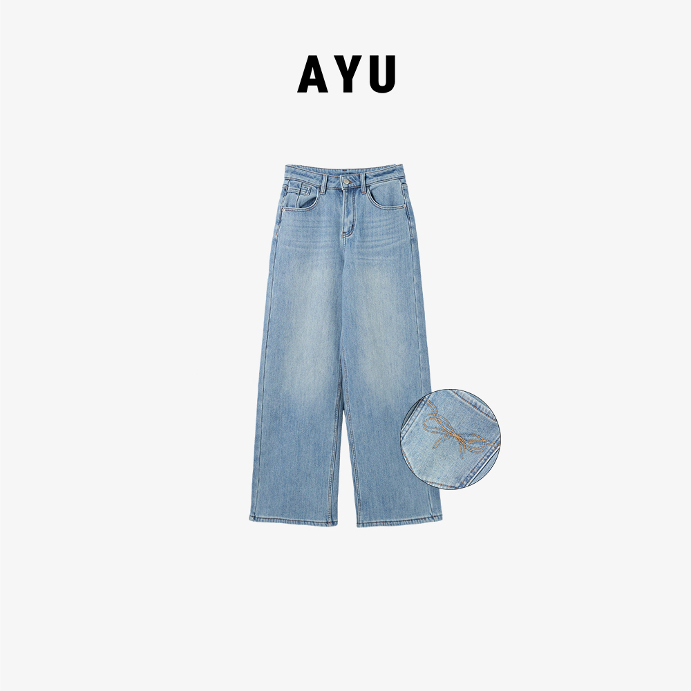 阿玉家&简约款秋冬季加厚浅蓝色口袋蝴蝶结保暖直筒牛仔裤#9585