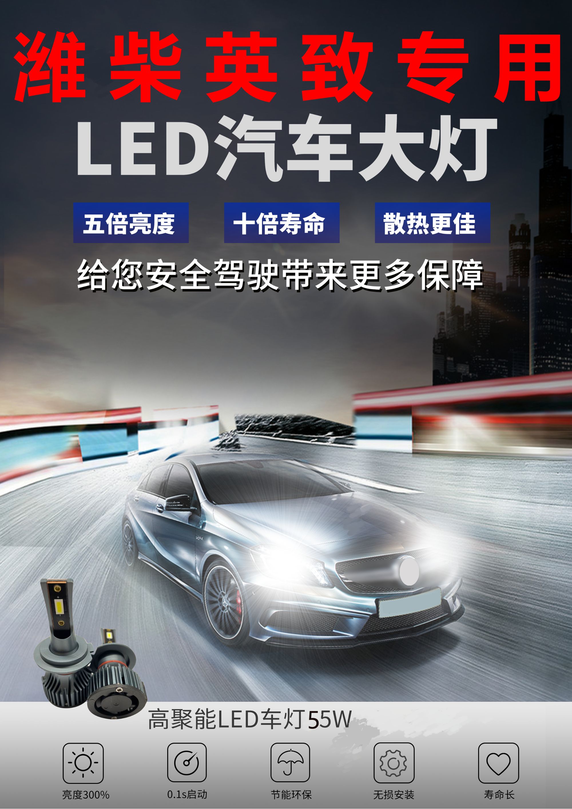 【潍柴英致】727 737G3G5EX1光远光替换升级LED大灯无损安装