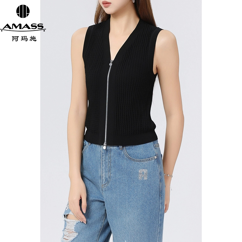 AMASS/阿玛施春夏新款简约时尚气质V领拉链无袖针织马夹女 548027