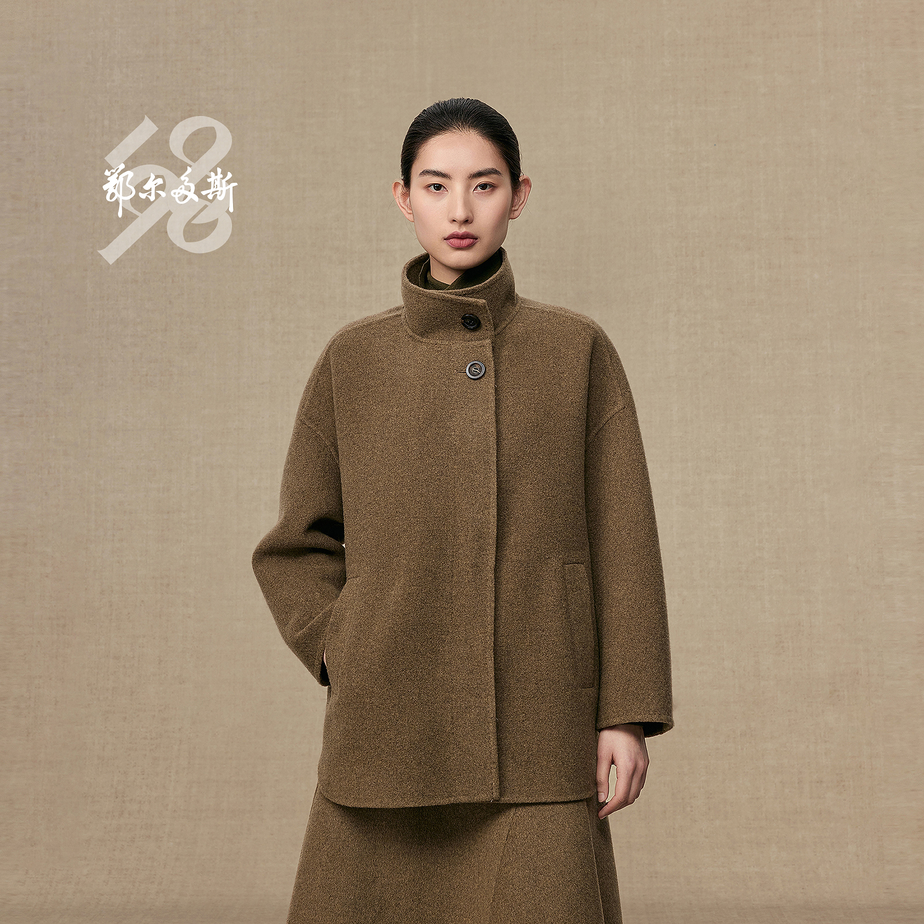 鄂尔多斯1980 新品羊毛羊绒双面呢女装骑士领短款毛呢大衣25秋冬