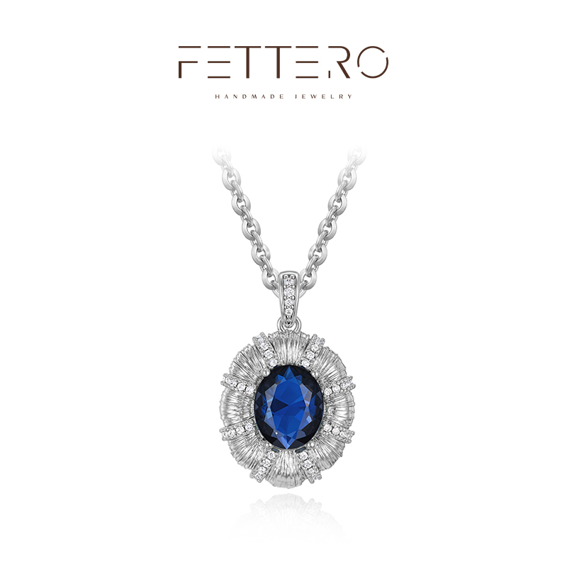 fettero 铜合金项链 【白金花边蛋形蓝锆项链】气质轻奢经典镶嵌