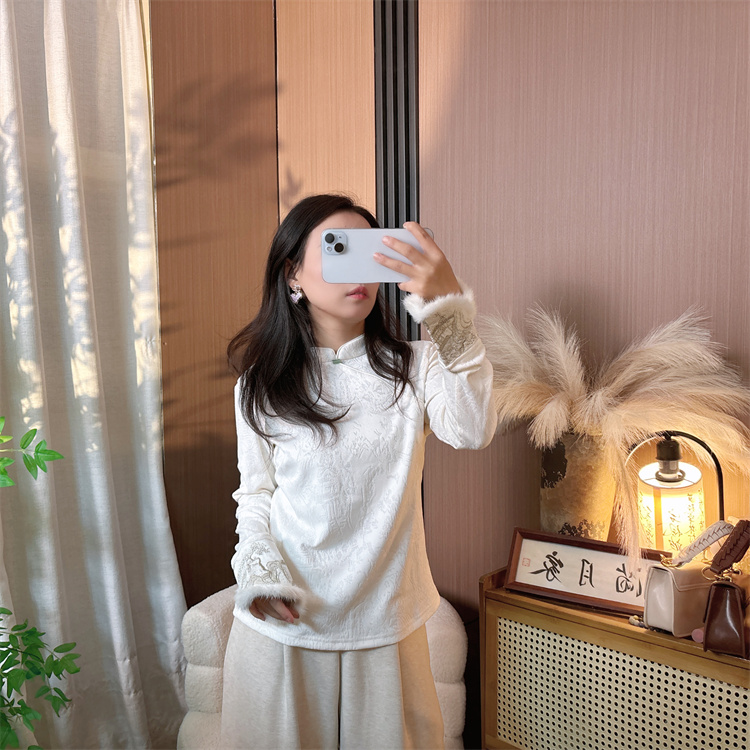 【云绣打底】新中式真毛水貂毛加厚显瘦打底上衣