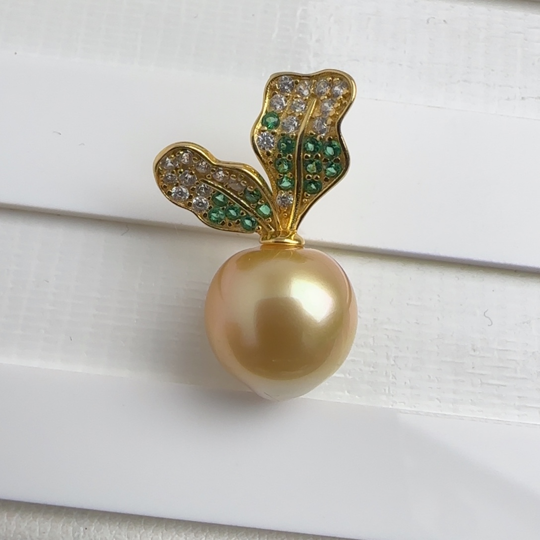 海水珍珠颈饰银S925镶嵌天然金珠海水吊坠胡萝卜11-12