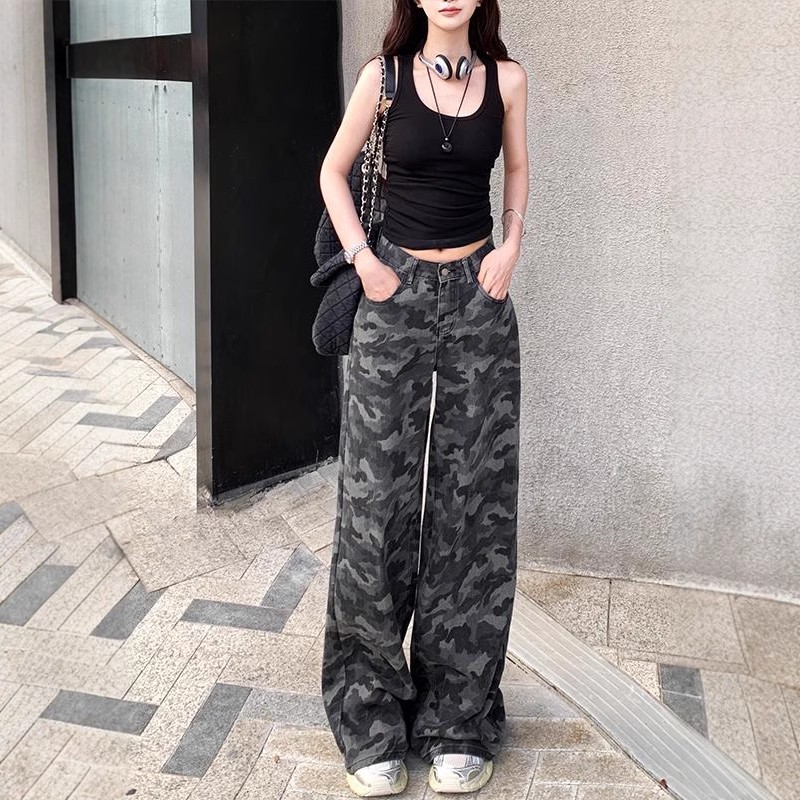 美式工装阔腿迷彩牛仔裤女2025夏季高腰复古宽松显瘦高街直筒裤子