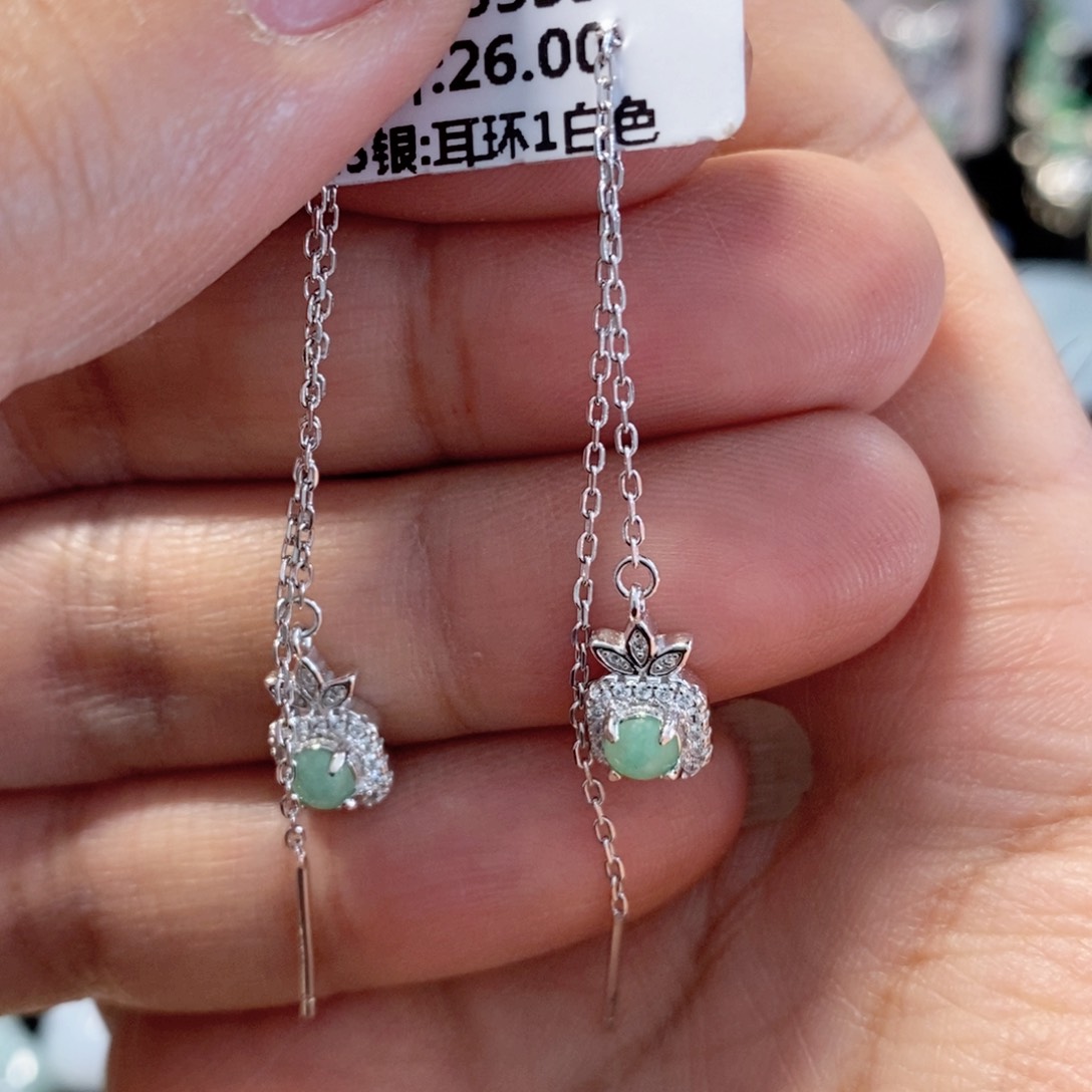 翡翠耳饰银S925镶嵌缅甸翡翠A货耳饰