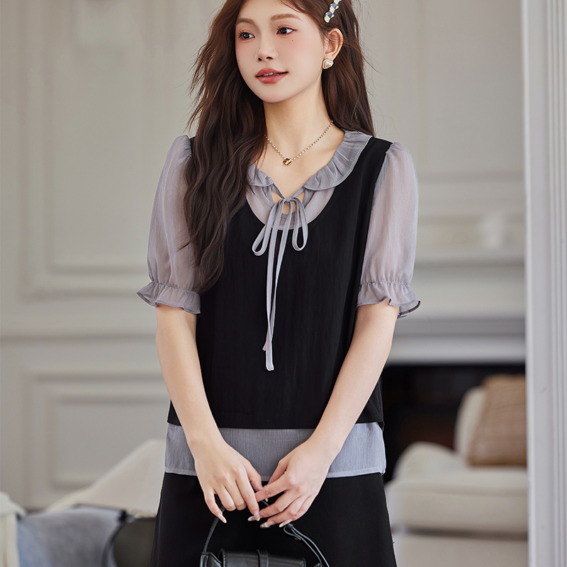 2025夏装新款法式气质宽松遮肉显瘦百搭短袖假两件上衣