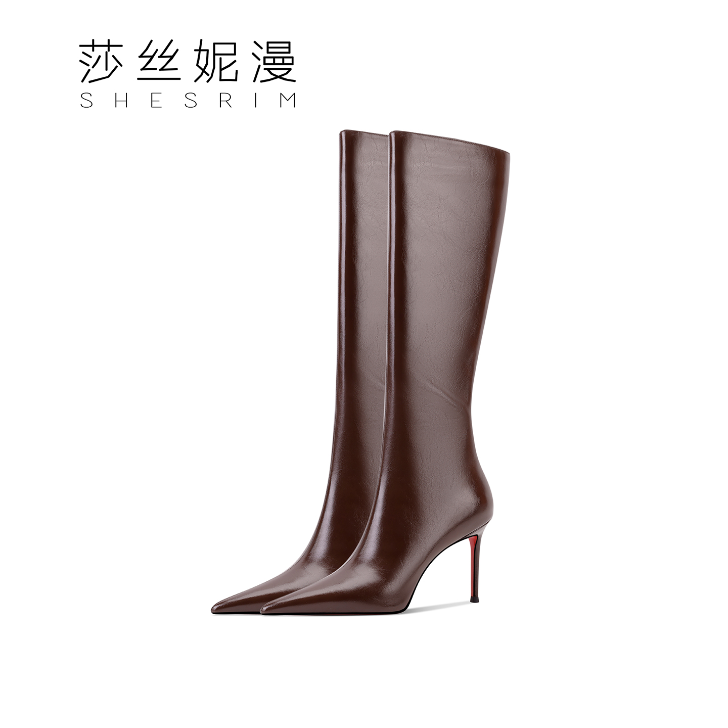 X07-【红底长靴】2025新款长筒靴尖头时尚高跟欧美百搭黑色真皮女靴