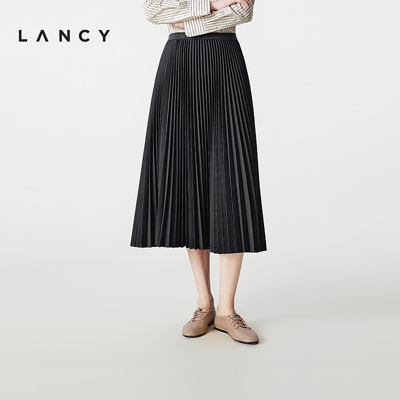 LANCY/朗姿2025冬季新款高端复古百褶半身裙高腰长款气质半裙女