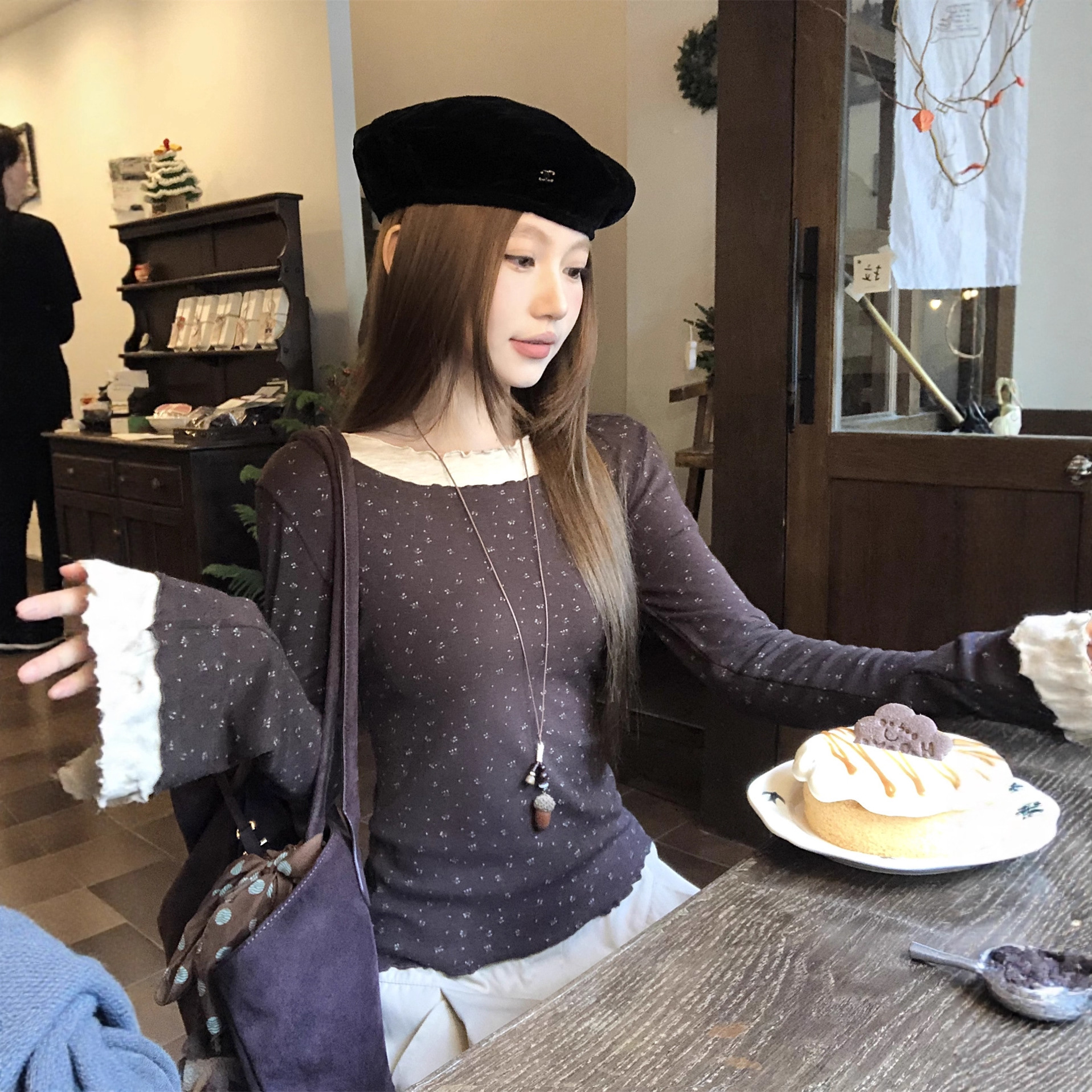 实拍~纯欲甜辣设计感假两江件木耳边花瓣袖长袖上衣韩版女装新款