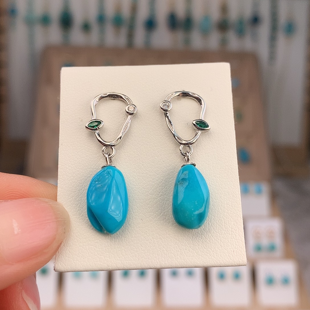 绿松石银S925镶嵌耳饰