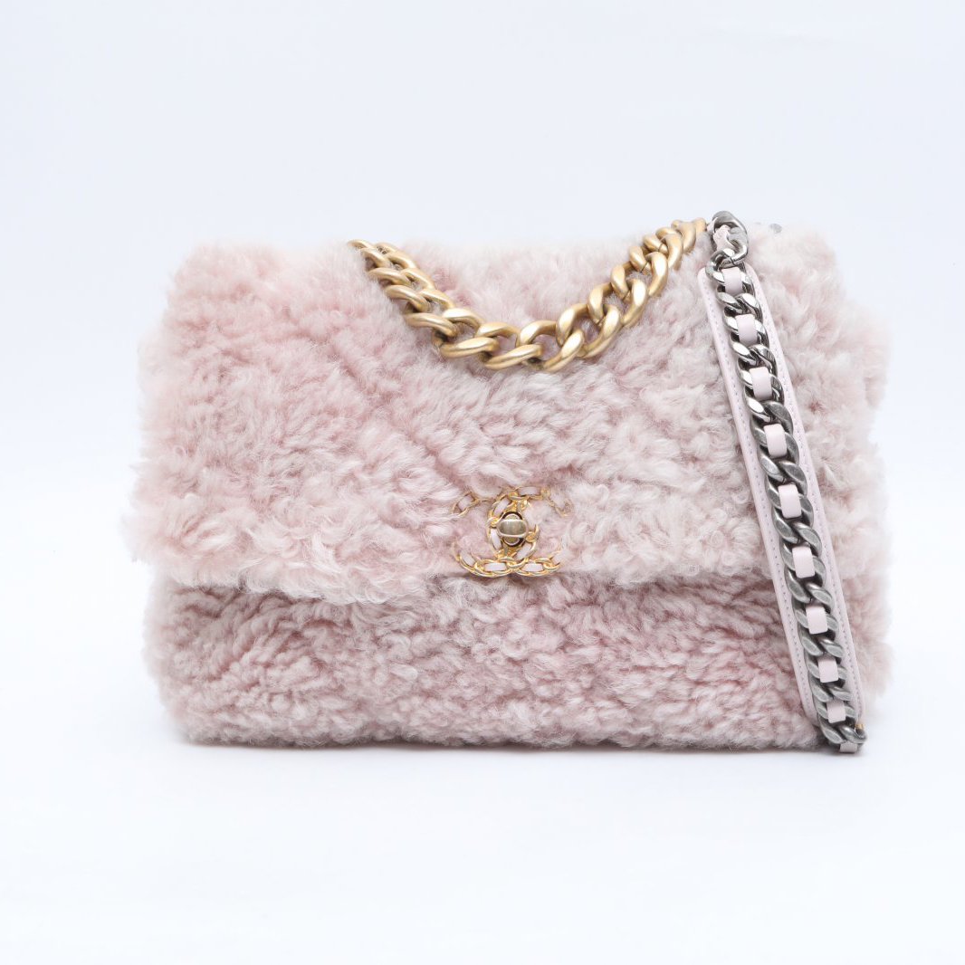 99新 Chanel/香奈儿 小花双双 19BAG 包 中号 粉色 羊羔毛 30开