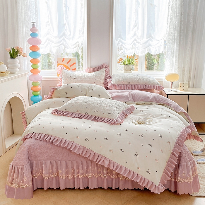 床上直播热款A类针织棉双层纱夹棉床盖床裙花边单少女心公主风