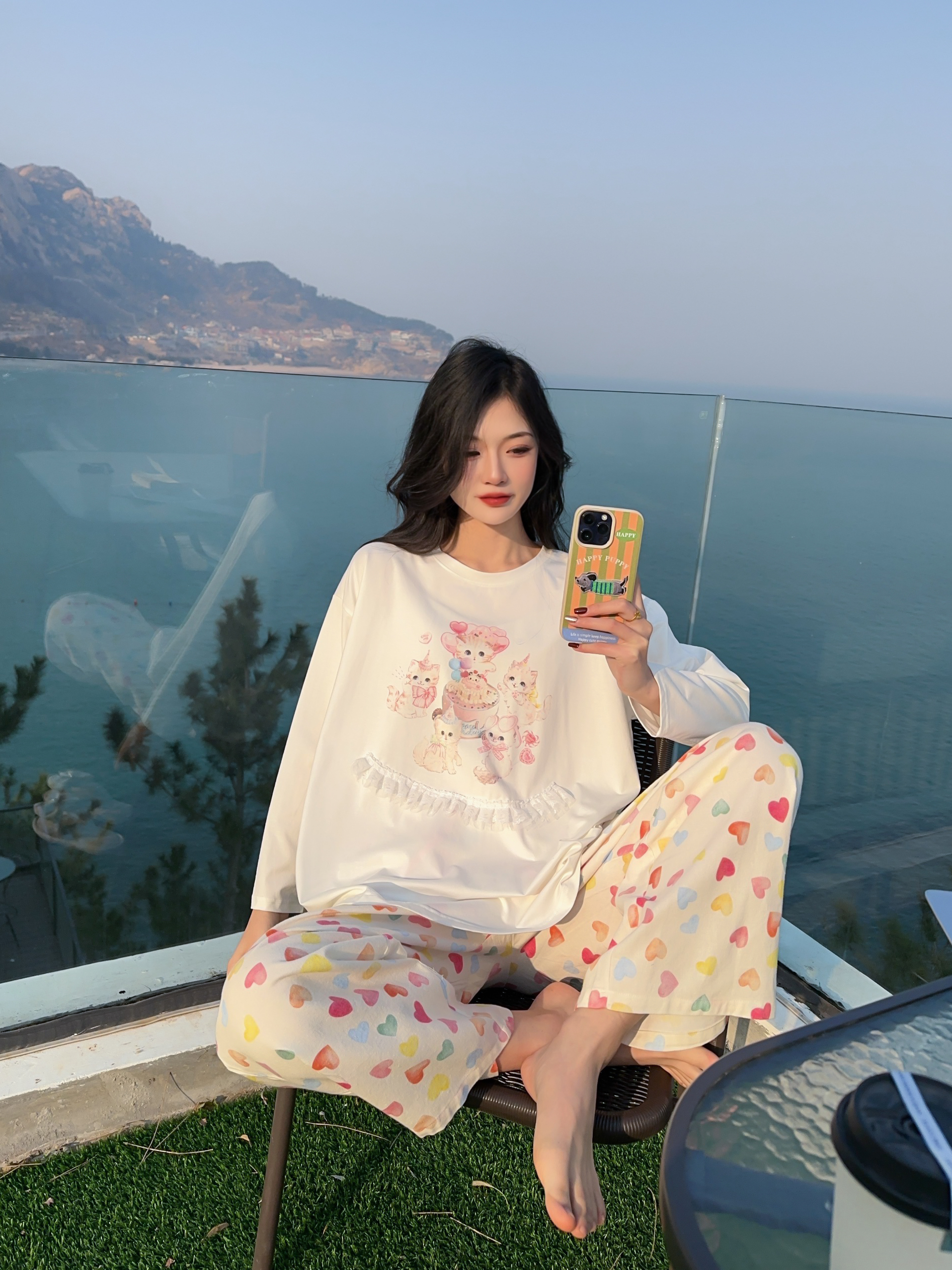 短袖纯棉蕾丝花边甜美爱心卡通睡衣家居服睡裙套装