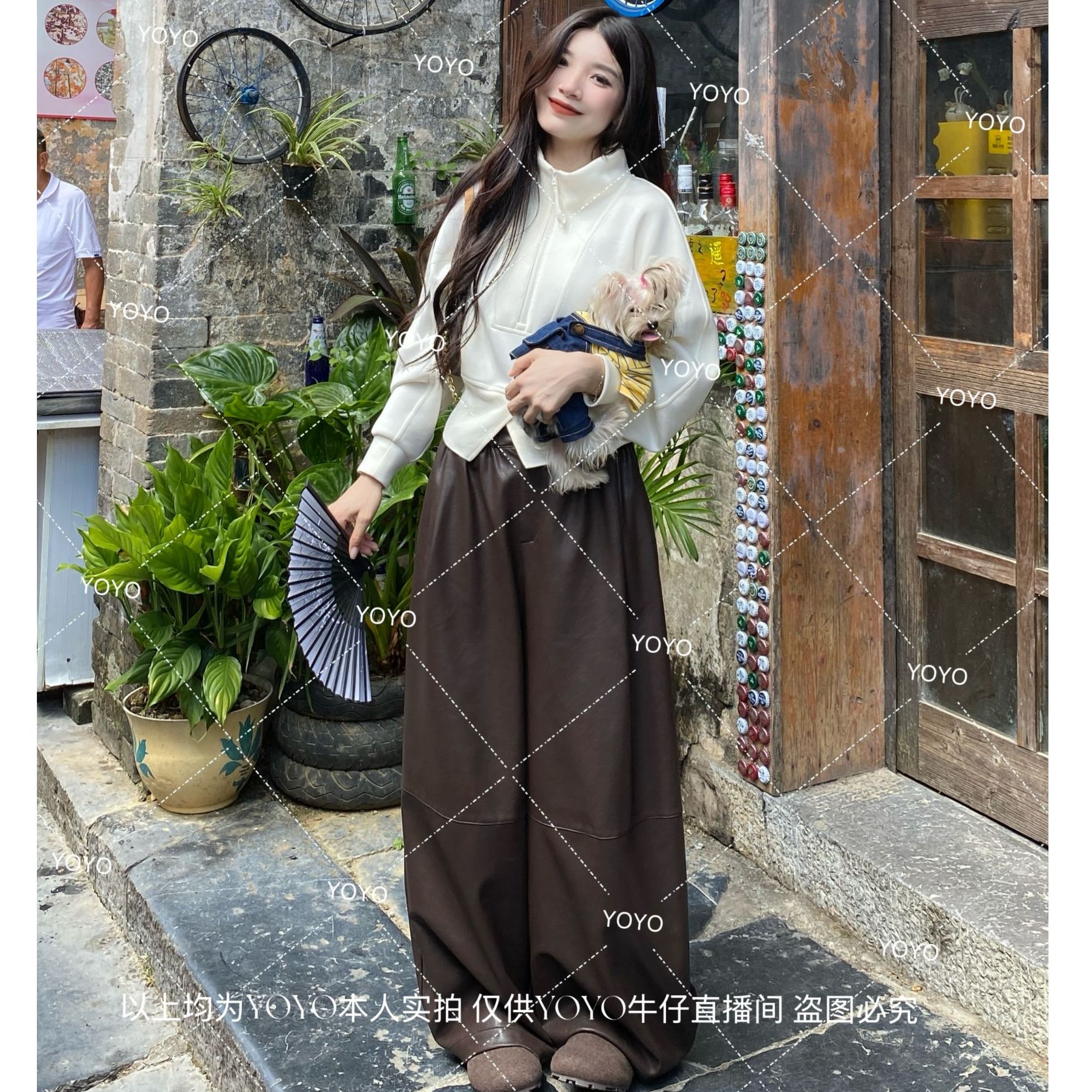 YOYO自制1【皮裤阔腿】秋款宽松气质时尚休闲慵懒阔腿休闲裤