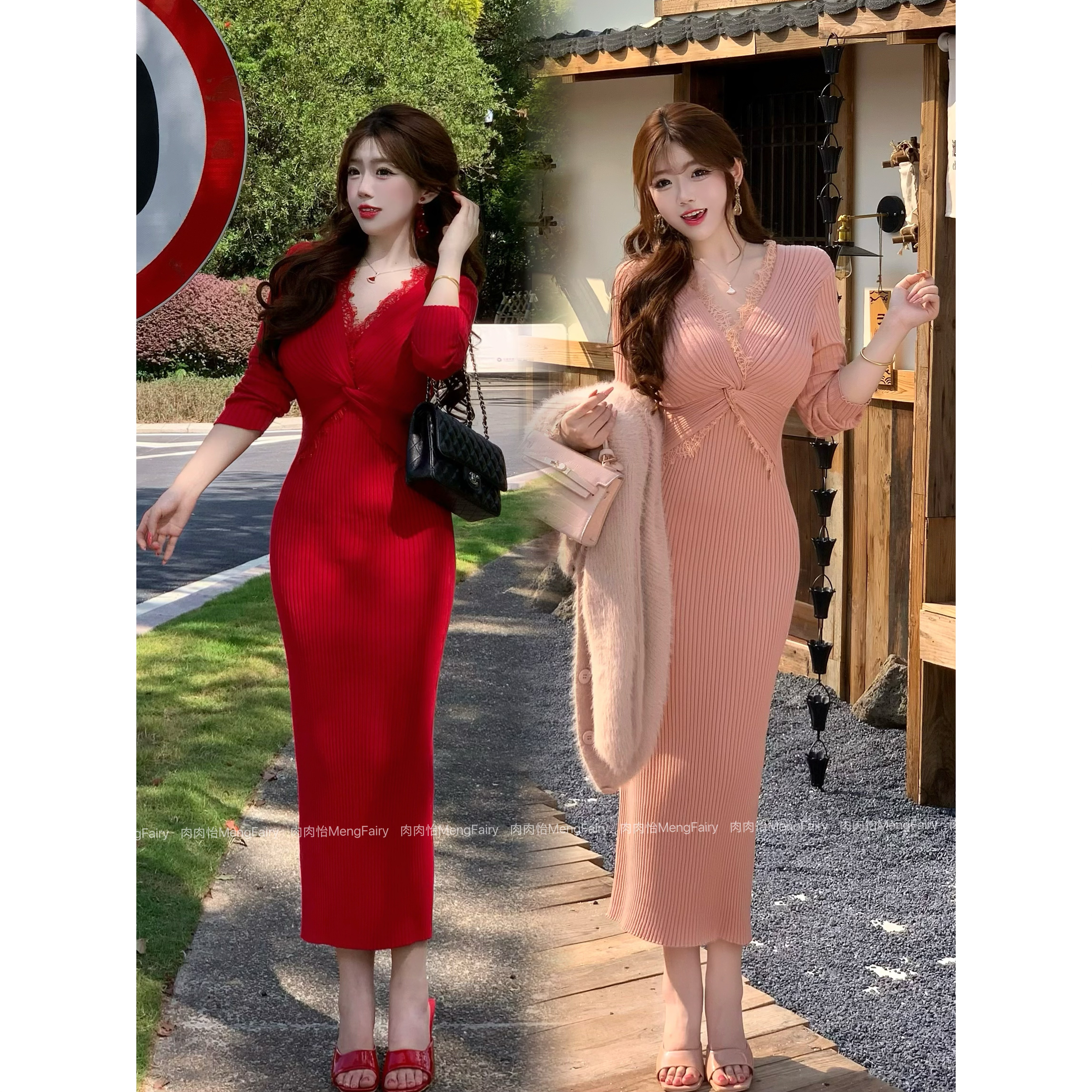 萌面侠肉肉怡 现货【微醺西柚】软糯气质西柚色蕾丝针织连衣裙6492B