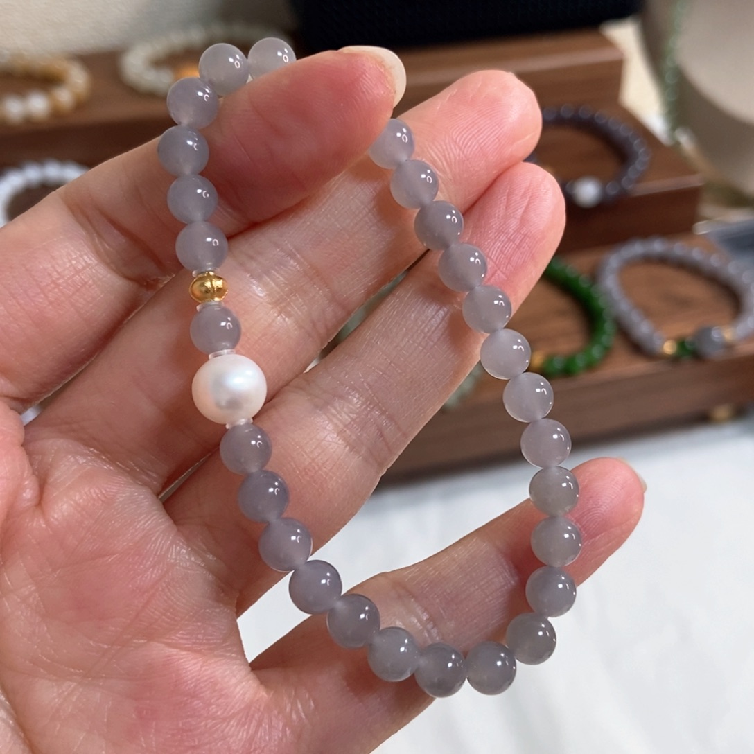 和田玉手链银S925镶嵌6mm冰烟紫