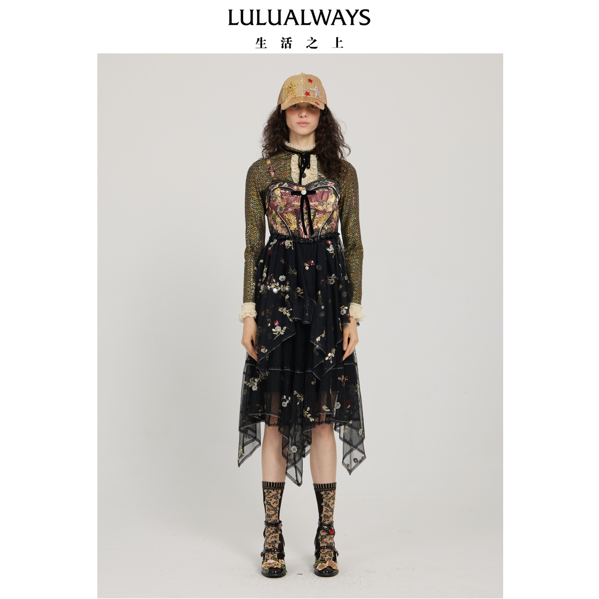 LULUALWAYS【商场同款】25冬季新款法式宫廷不规则网纱吊带连衣裙