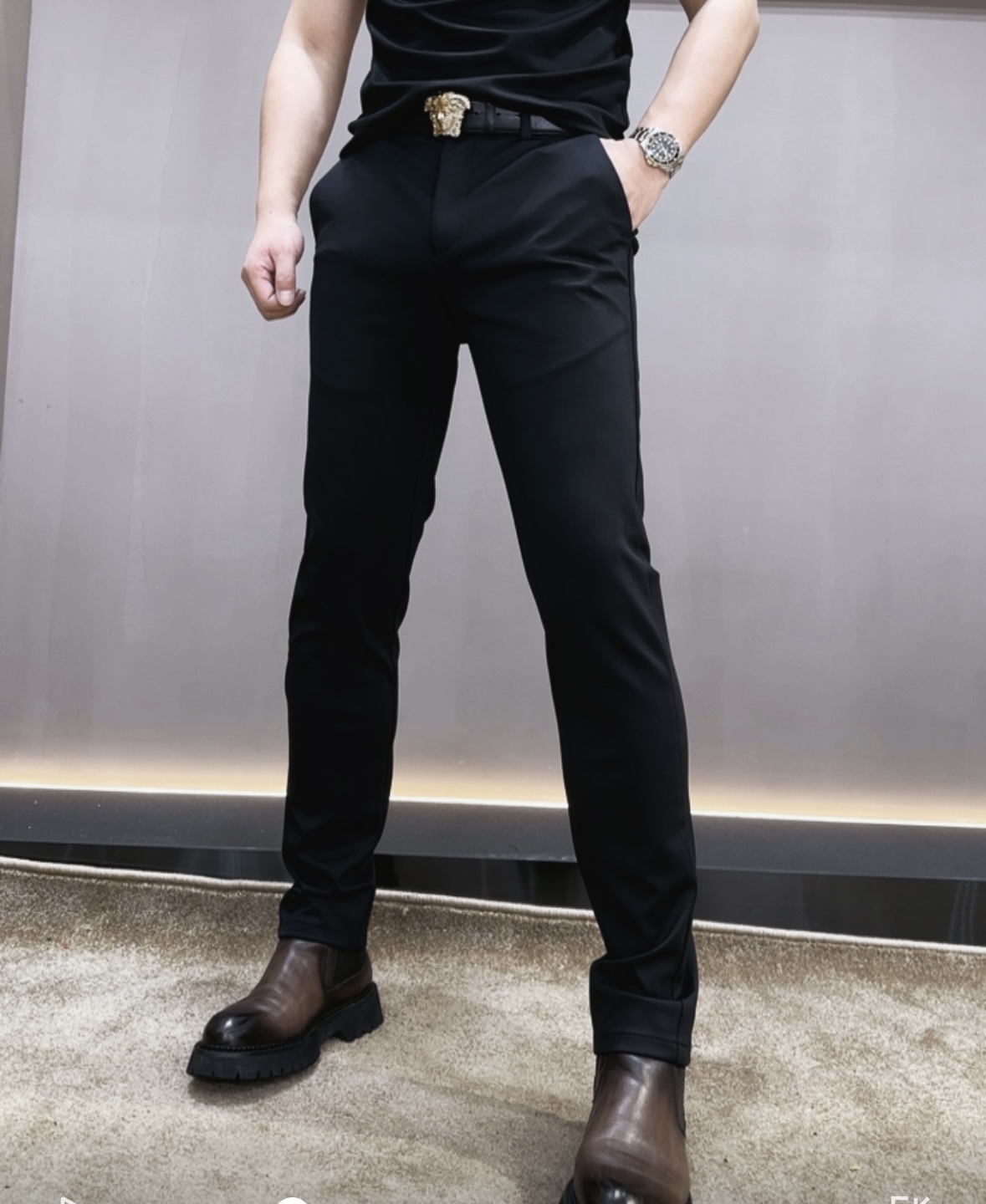 【泡面锅男装】秋冬男士黑色弹力修身男士小脚西裤 9003