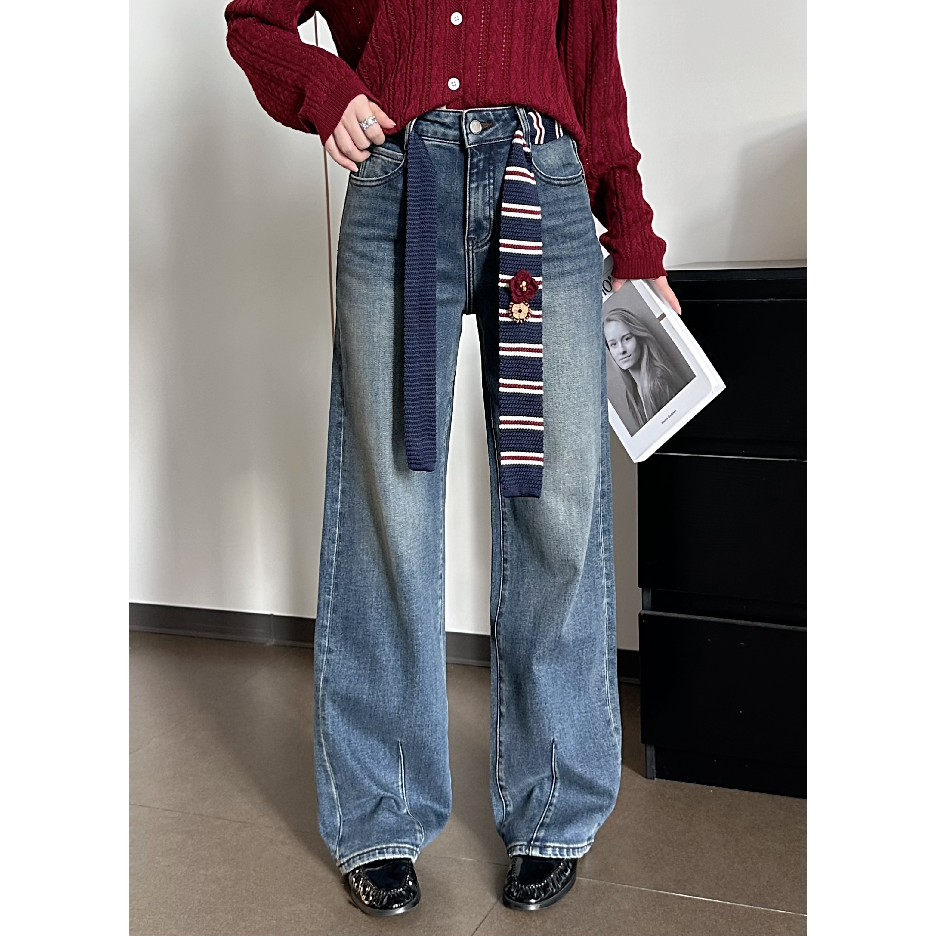 KIKI严选：35191-YER家欧洲站南油秋冬小花编织腰带拖地裤牛仔裤