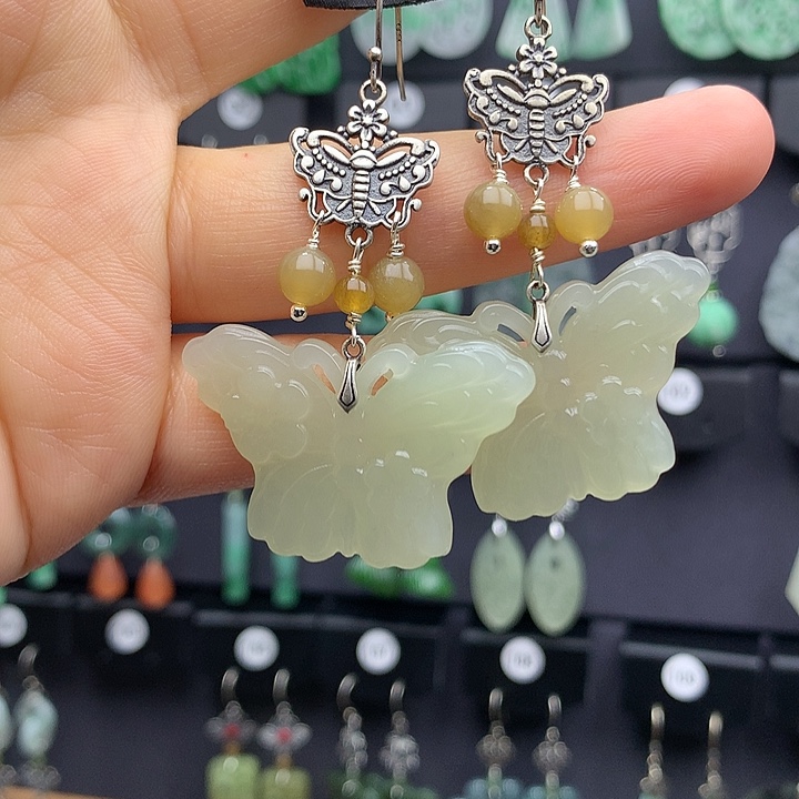 和田玉耳饰银S925镶嵌春**集5555