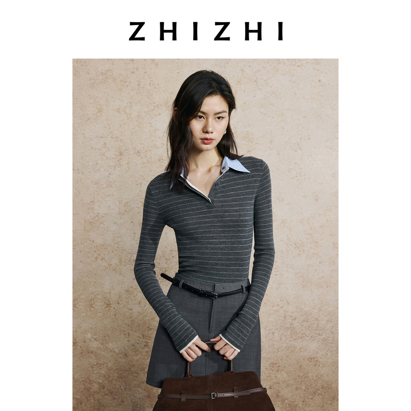 致知 曲江秋 全羊毛假两件Polo领条纹上衣25秋撞色ZZ2EAKZZ022