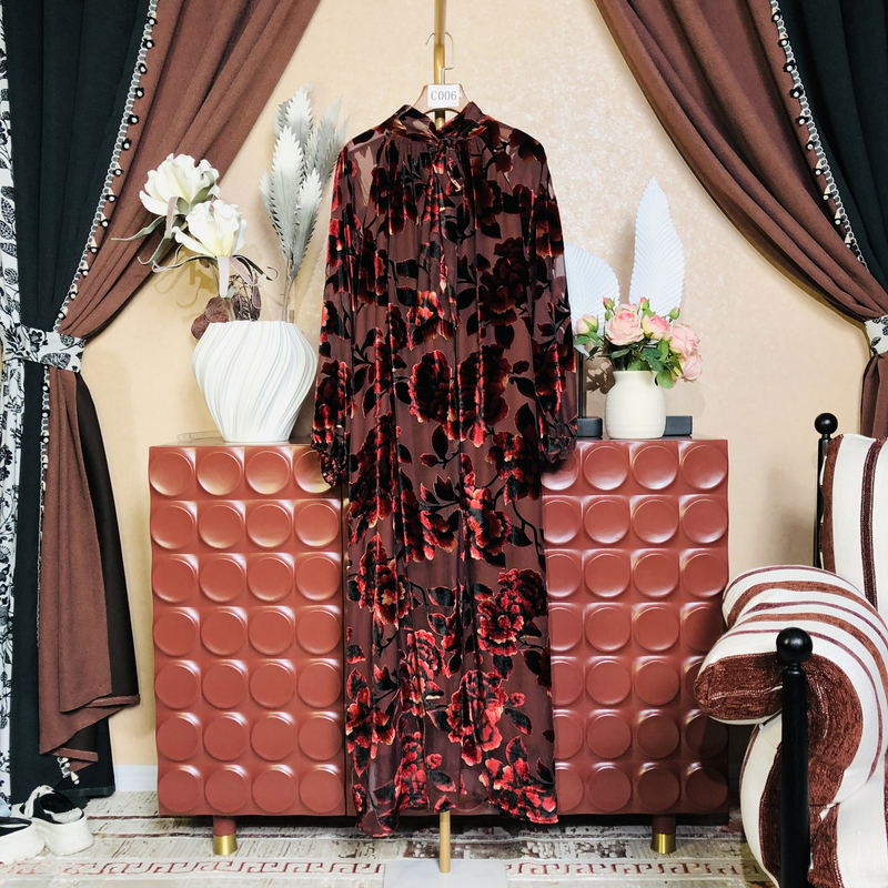 【C006】真丝丝绒时尚新款民族风迪拜服饰长款轻奢连衣裙设计师