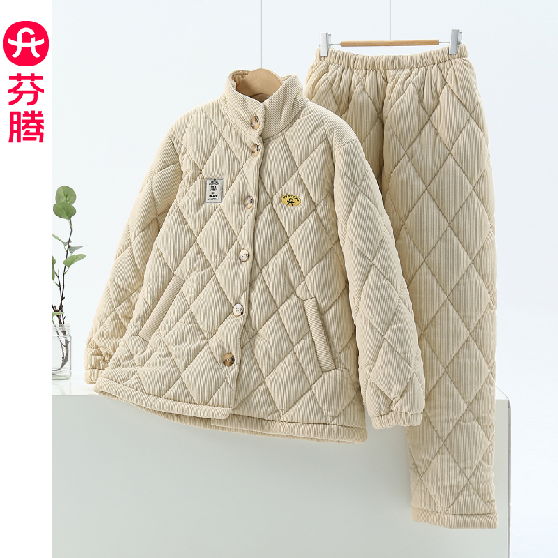 芬腾2024新款冬季女士三层夹棉睡衣大码套装珊瑚绒加绒加厚家居服