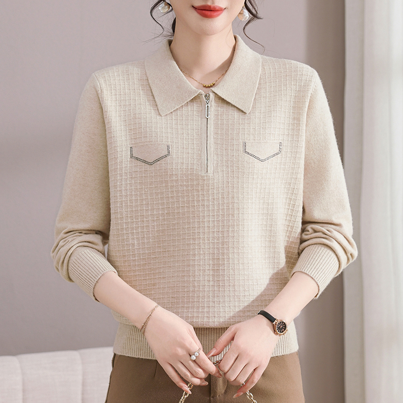 妈妈装针织衫女2025新款羊毛衫翻领女打底衫时尚毛衣拉链线衣秋衣