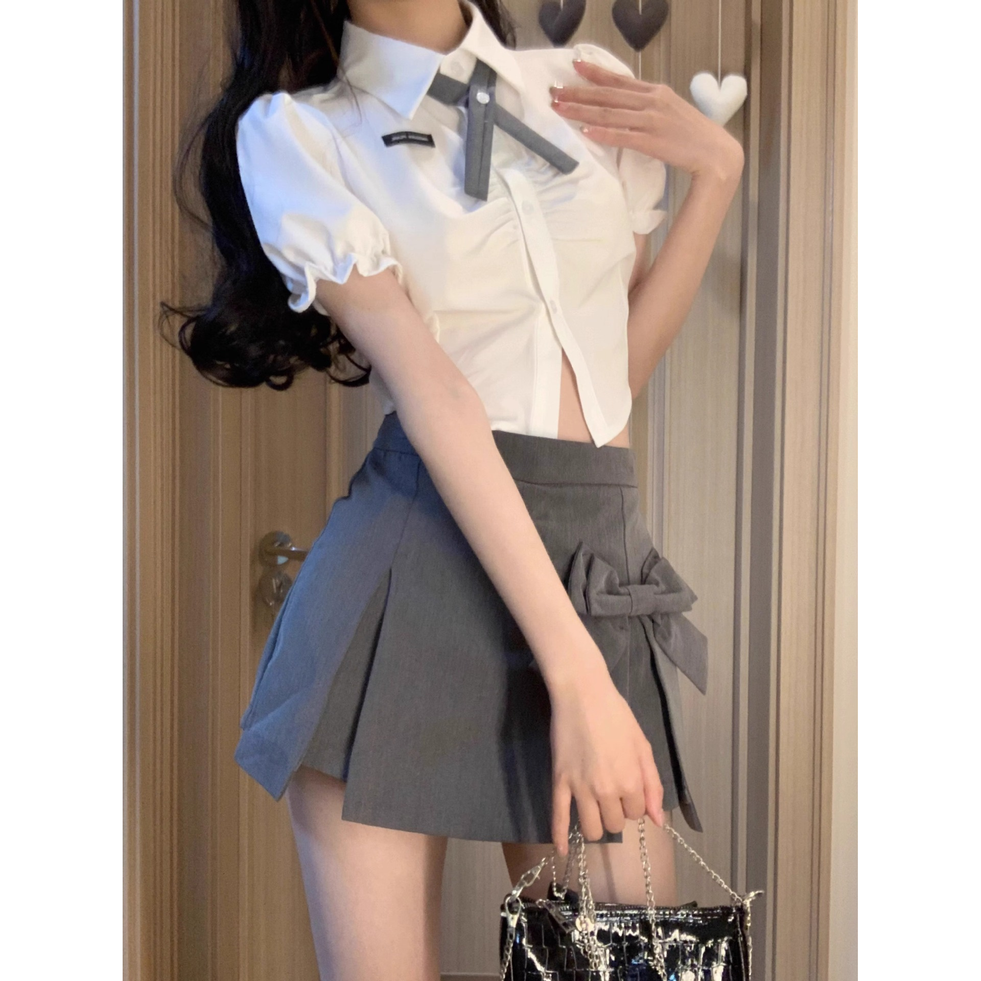纯欲风短款泡泡袖衬衫套装女夏高腰蝴蝶结包臀半身裙辣妹短袖上衣