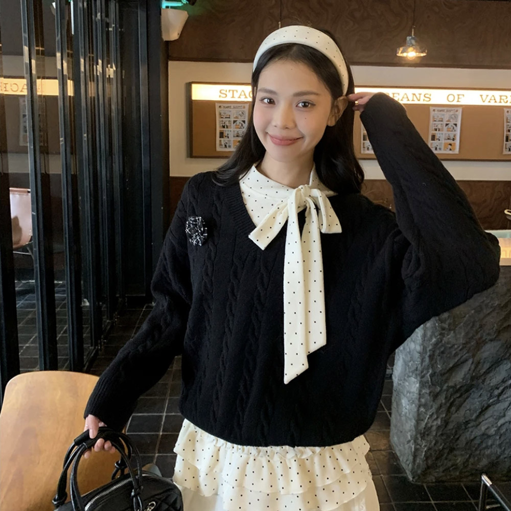 【小花胸针V领套头毛衣】黑色简约百搭针织套头毛针织衫W1180